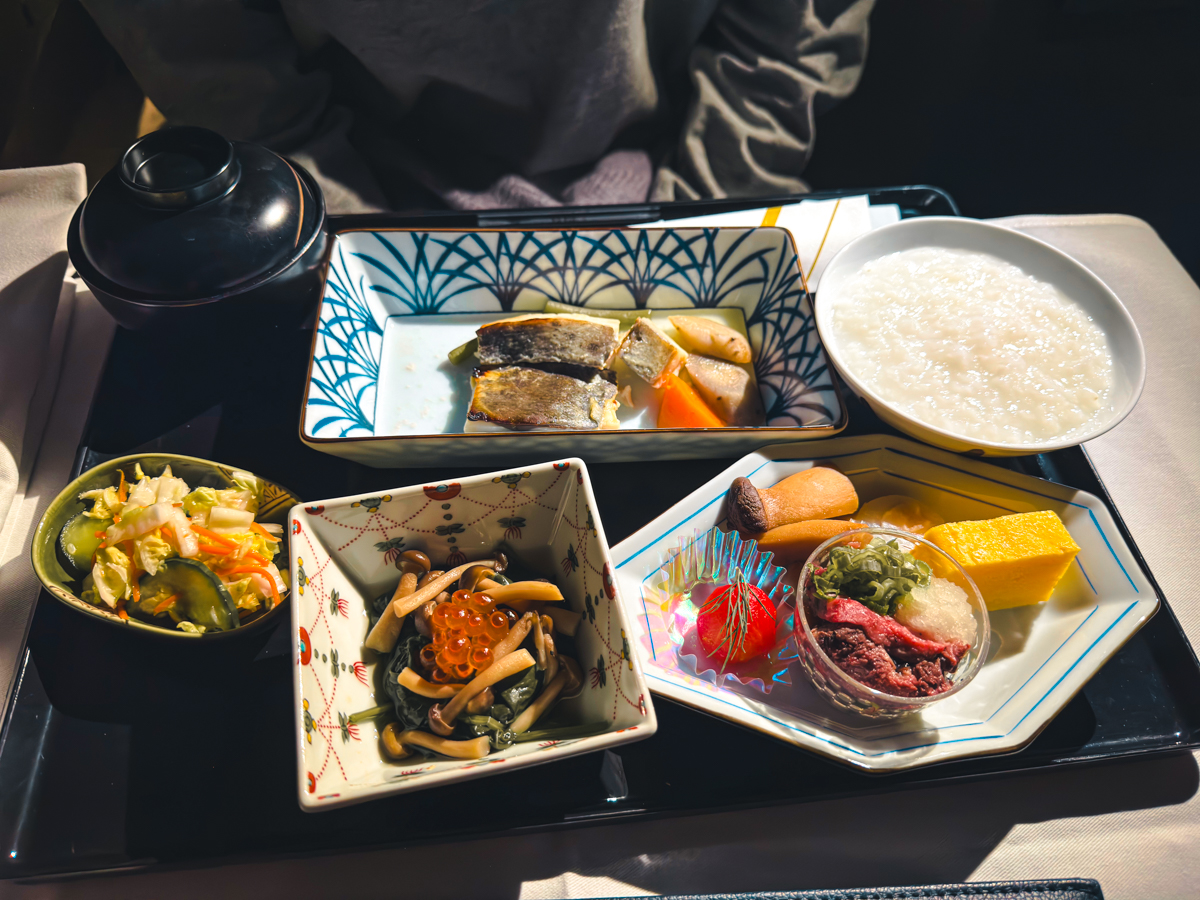 ANA Japanese breakfast set with rice, snow crab, and grilled amberjack.
