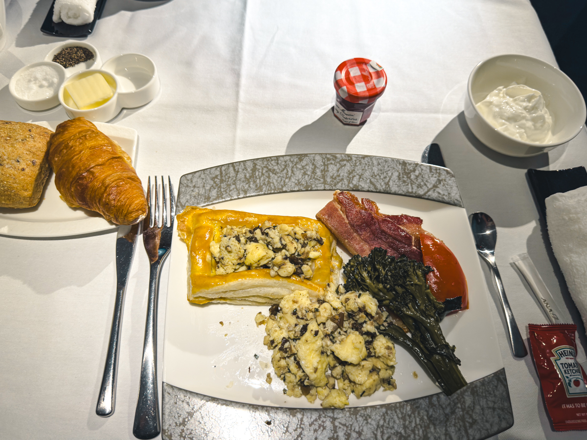ANA Western breakfast set with bacon, scrambled eggs and porcini.