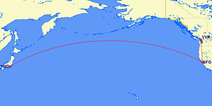 GCMap of YVR to SFO to HND