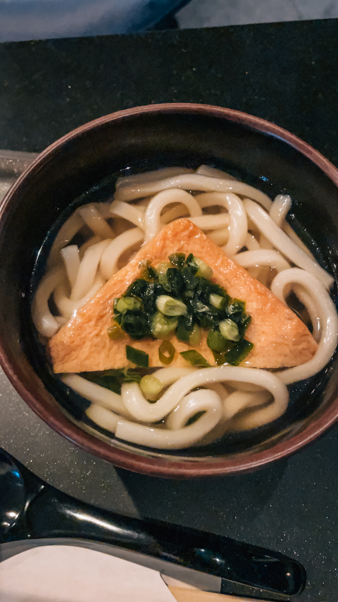 Bowl of fried tofu udon.