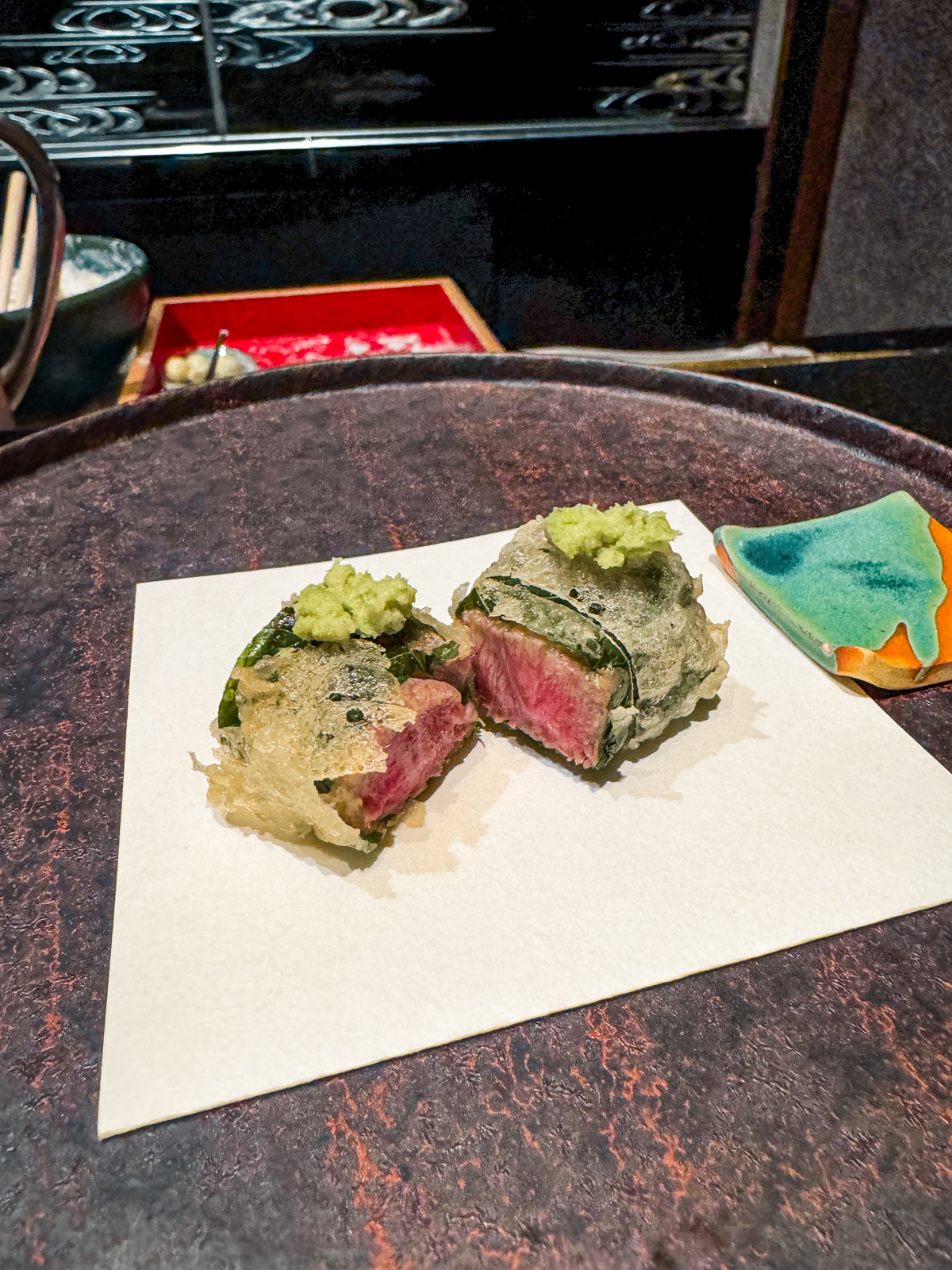 Wagyu beef wrapped in shiso leaf tempura topped with fresh wasabi.