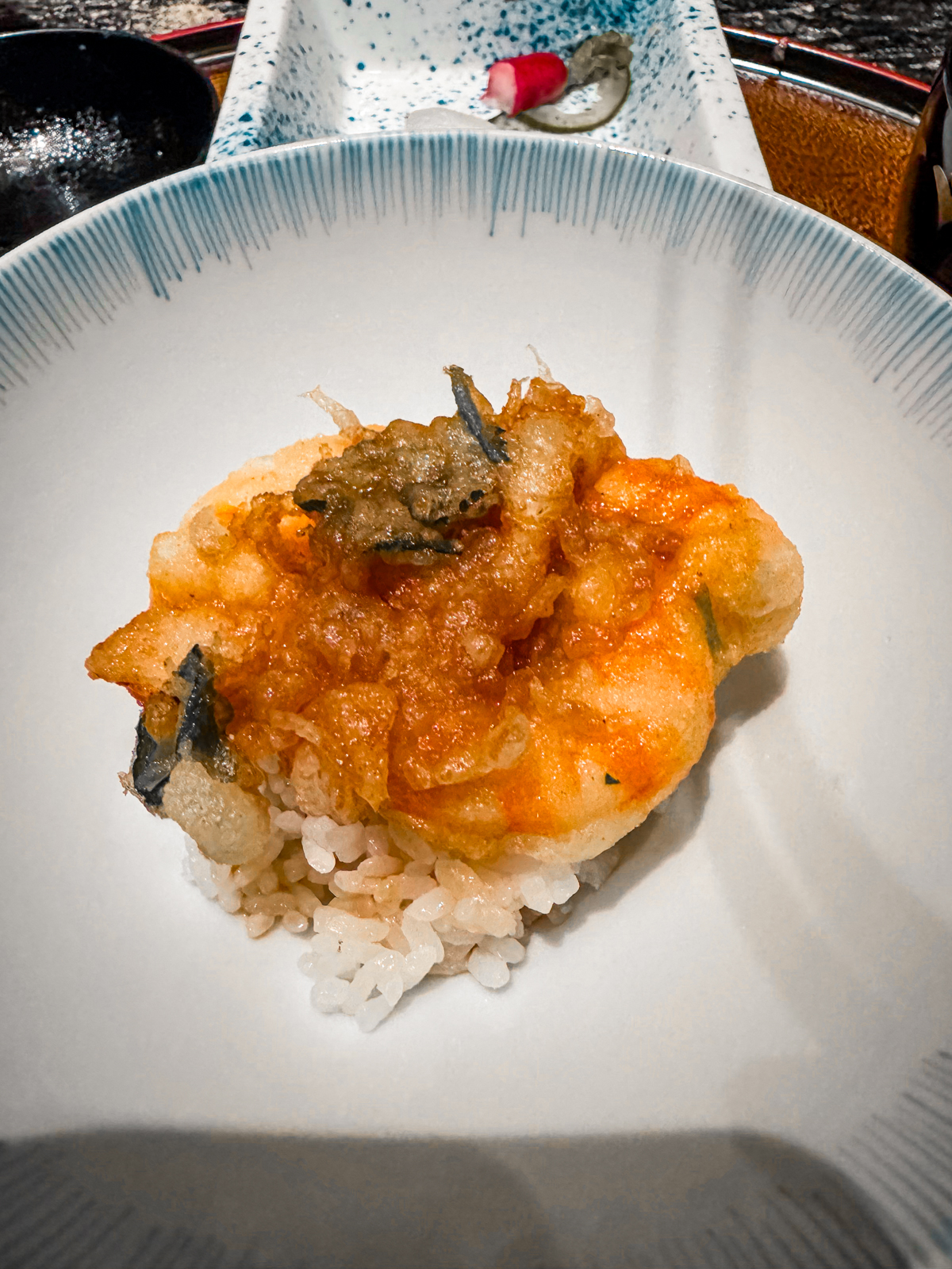 Shrimp tempura donburi.